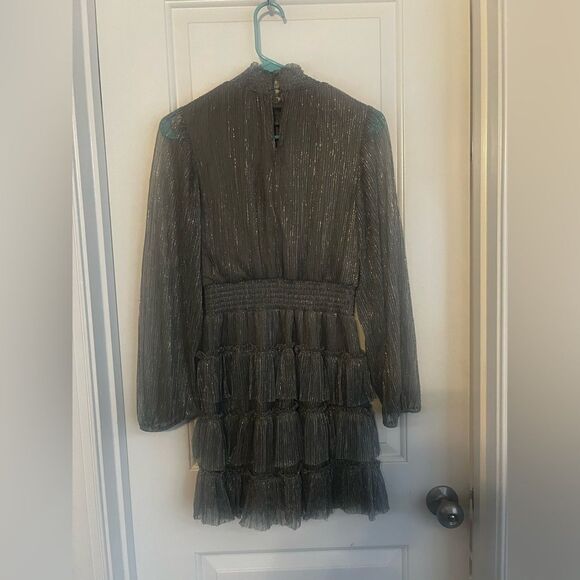 1 State Metallic Smocked Dress Mock Neck Tiered Ruffle Dress | small - Picture 6 of 6